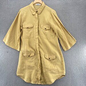 Pampelone Shirt Dress Womens Large Khaki Linen Tunic 3/4 Sleeve Button Up Safari